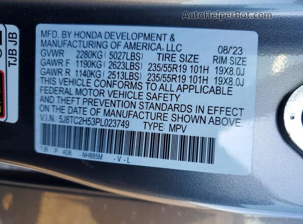 5J8TC2H53PL023749 2023 ACURA RDX Gray Widok naklejki z numerem VIN