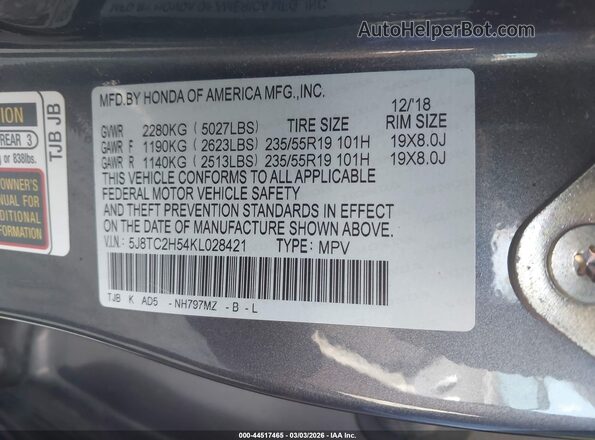 5J8TC2H54KL028421 2019 ACURA RDX Gray 