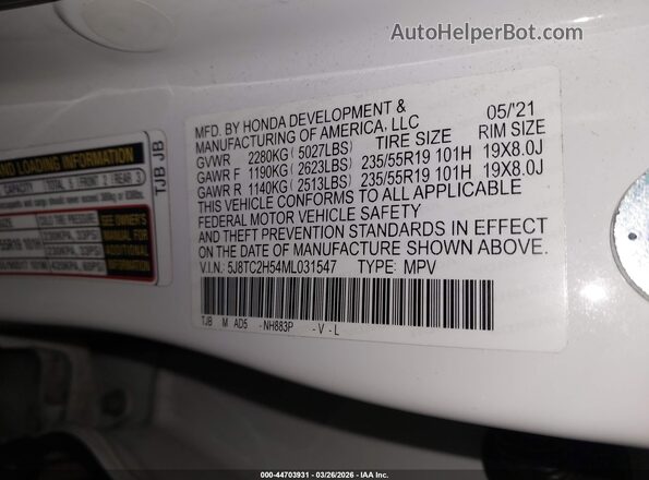 5J8TC2H54ML031547 2021 ACURA RDX White Вид підкапотного простору