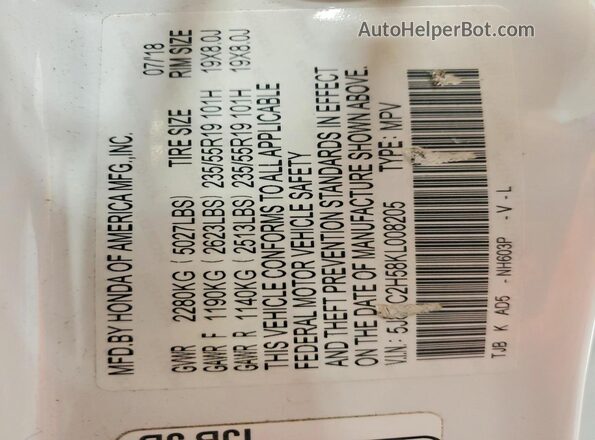 5J8TC2H58KL008205 2019 ACURA RDX White 