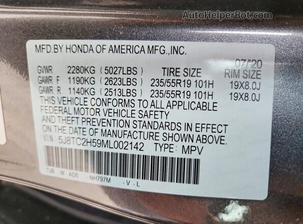 5J8TC2H59ML002142 2021 ACURA RDX Gray VIN sticker view