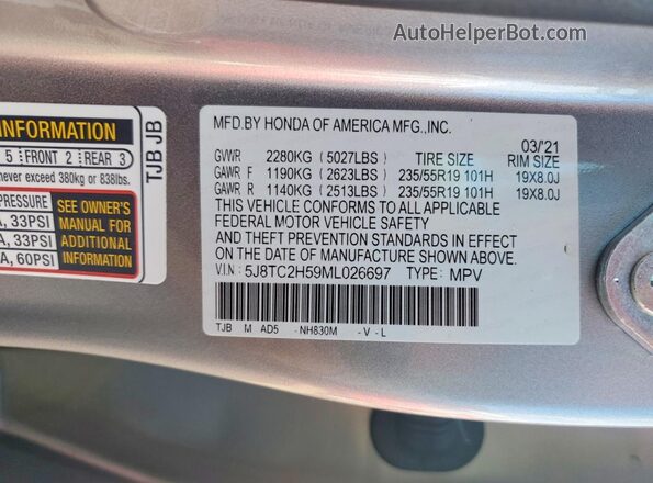5J8TC2H59ML026697 2021 ACURA RDX Silver 