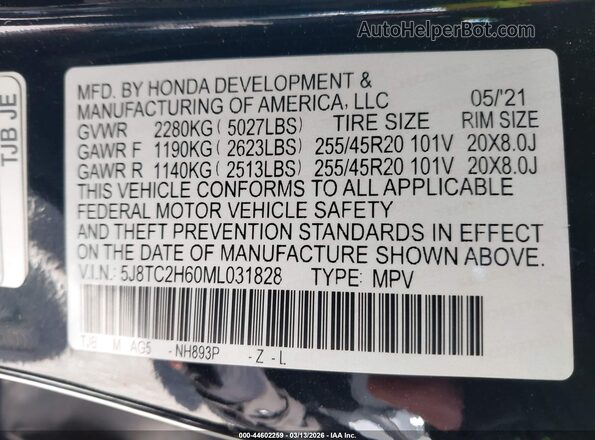 5J8TC2H60ML031828 2021 ACURA RDX Black Engine compartment view