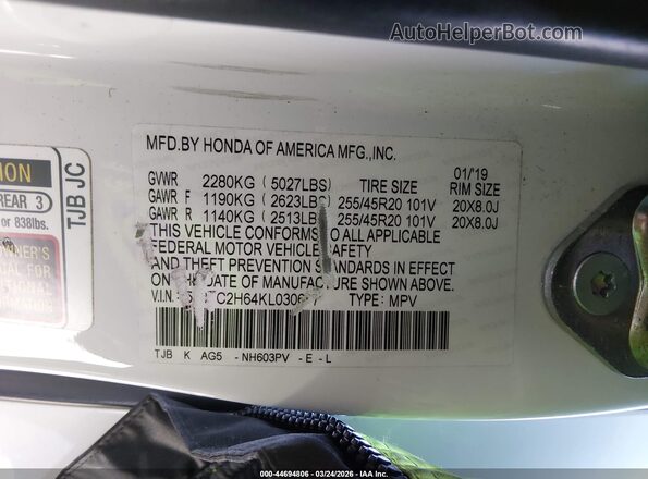 5J8TC2H64KL030677 2019 ACURA RDX White 