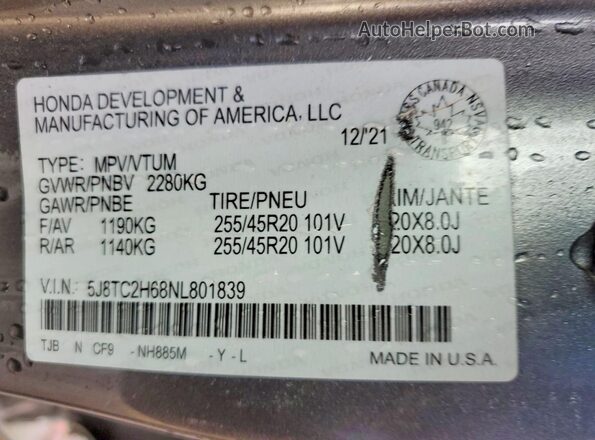 5J8TC2H68NL801839 2022 ACURA RDX Gray 