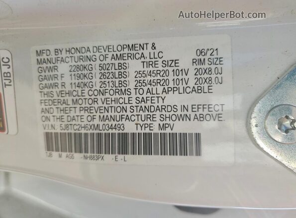 5J8TC2H6XML034493 2021 ACURA RDX White Вид наклейки з VIN-кодом
