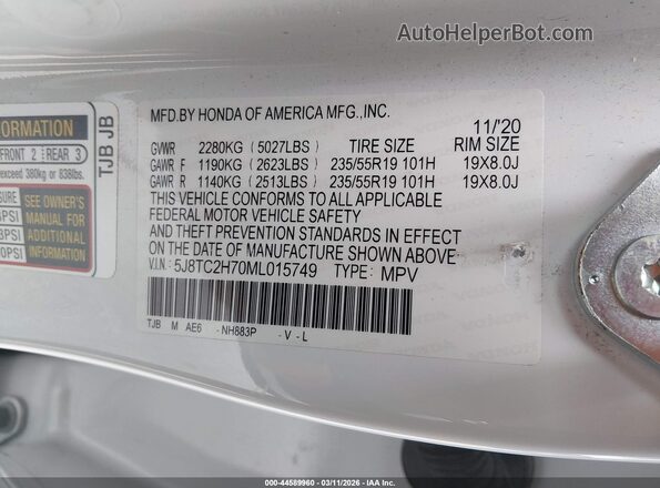 5J8TC2H70ML015749 2021 ACURA RDX White Вид підкапотного простору