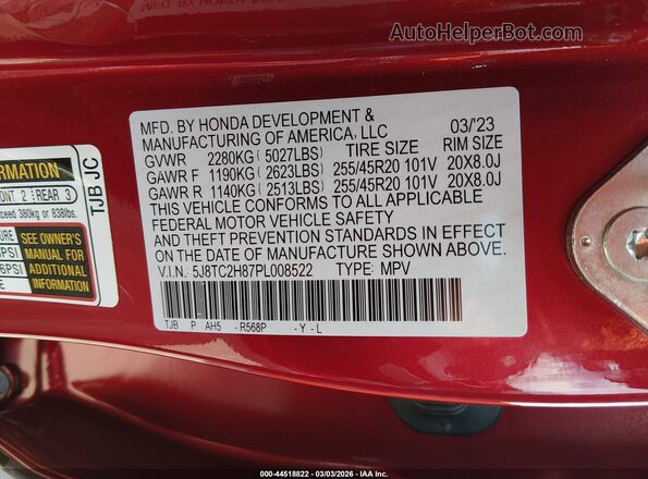 5J8TC2H87PL008522 2023 ACURA RDX Red Շարժիչի բաժամունքի տեսք