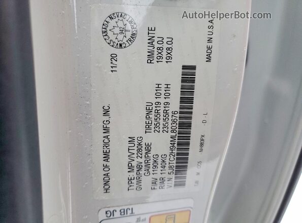 5J8TC2H94ML803676 2021 ACURA RDX White VIN კოდის სტიკერის ხედი