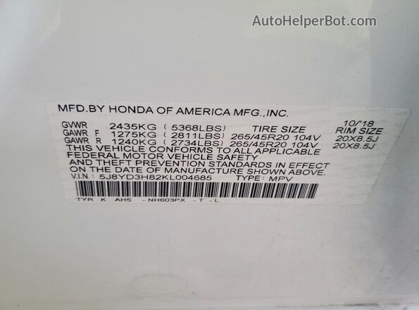 5J8YD3H82KL004685 2019 ACURA MDX White VIN sticker view