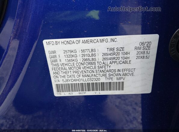 5J8YD4H01LL032320 2020 ACURA MDX Черный Вид подкапотного пространства