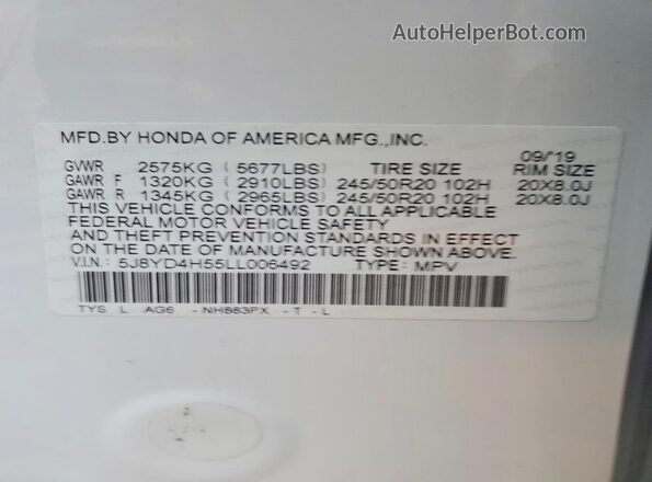 5J8YD4H55LL006492 2020 ACURA MDX White VIN sticker view