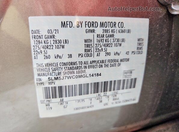 5LM5J7WC0MGL14184 2021 LINCOLN AVIATOR Tan 