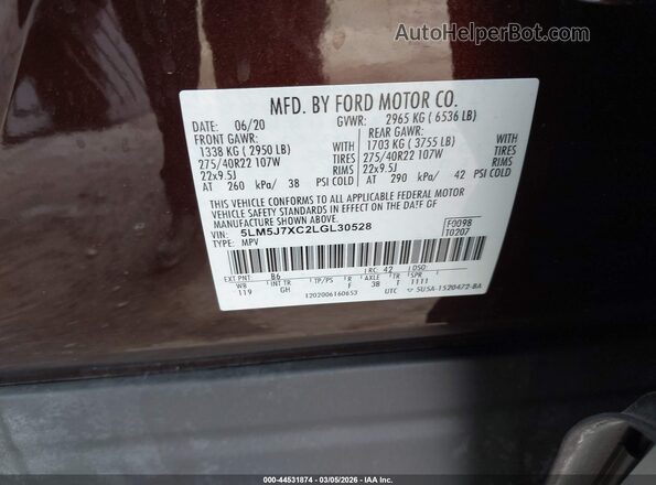5LM5J7XC2LGL30528 2020 LINCOLN AVIATOR Burgundy Widok komory silnika