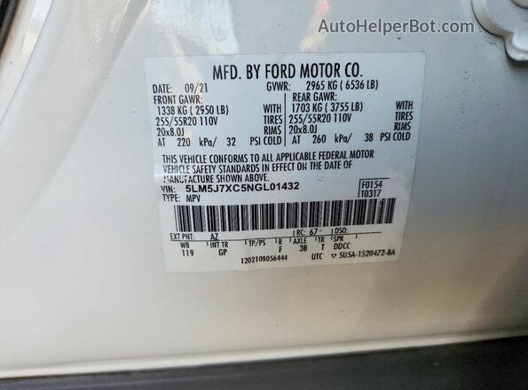 5LM5J7XC5NGL01432 2022 LINCOLN AVIATOR White VIN sticker view