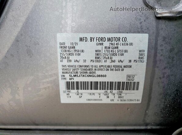 5LM5J7XC6NGL08860 2022 LINCOLN AVIATOR Silver Widok naklejki z numerem VIN