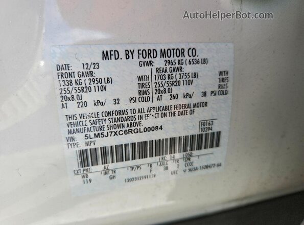 5LM5J7XC6RGL00084 2024 LINCOLN AVIATOR White VIN sticker view