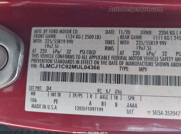 5LMCJ1C92MUL04366 2021 LINCOLN CORSAIR Red 