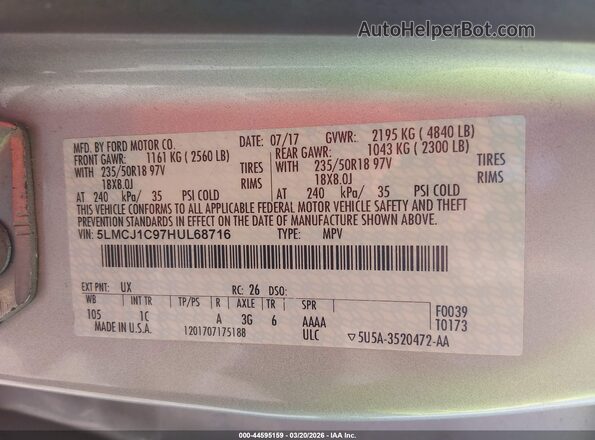 5LMCJ1C97HUL68716 2017 LINCOLN MKC Silver Vista del compartimento del motor
