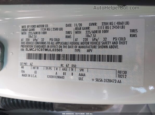 5LMCJ1C97MUL03505 2021 LINCOLN CORSAIR White Շարժիչի բաժամունքի տեսք