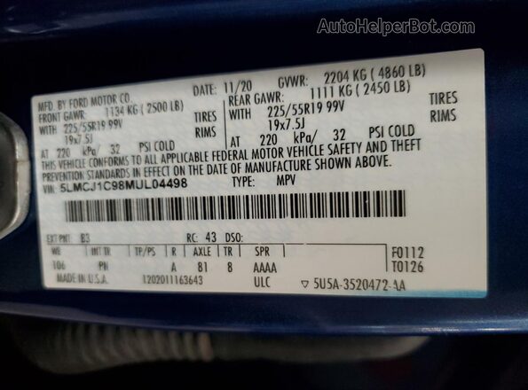 5LMCJ1C98MUL04498 2021 LINCOLN CORSAIR Blue Vista de la etiqueta del VIN