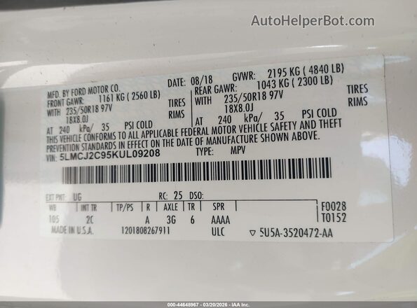 5LMCJ2C95KUL09208 2019 LINCOLN MKC White Widok komory silnika