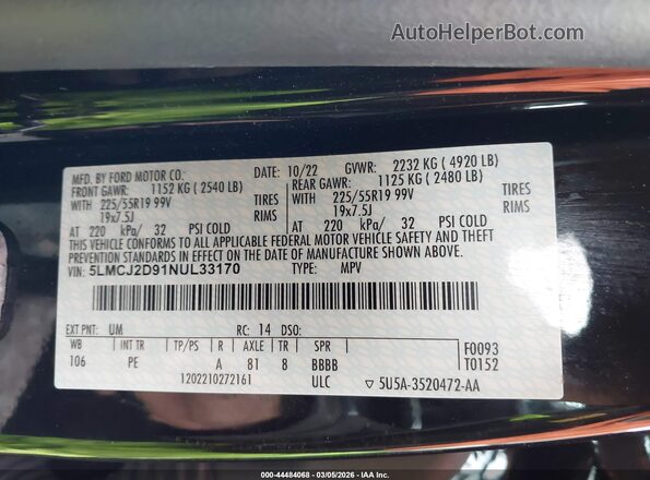 5LMCJ2D91NUL33170 2022 LINCOLN CORSAIR Black Engine compartment view