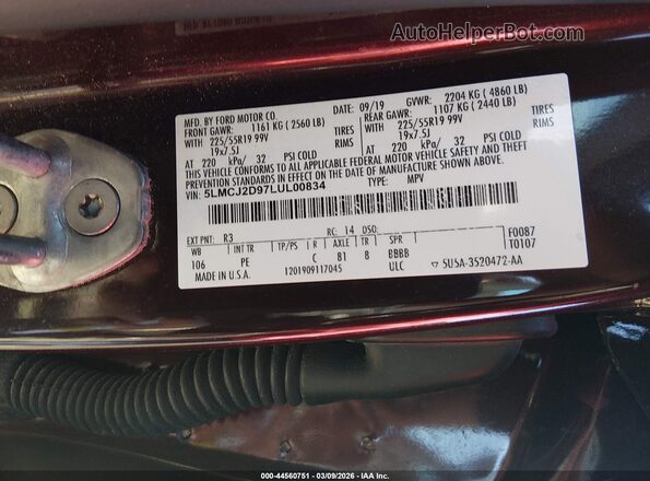 5LMCJ2D97LUL00834 2020 LINCOLN CORSAIR Burgundy Շարժիչի բաժամունքի տեսք