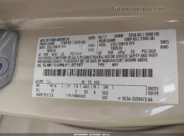 5LMCJ2D98JUL07157 2018 LINCOLN MKC Tan Вид підкапотного простору