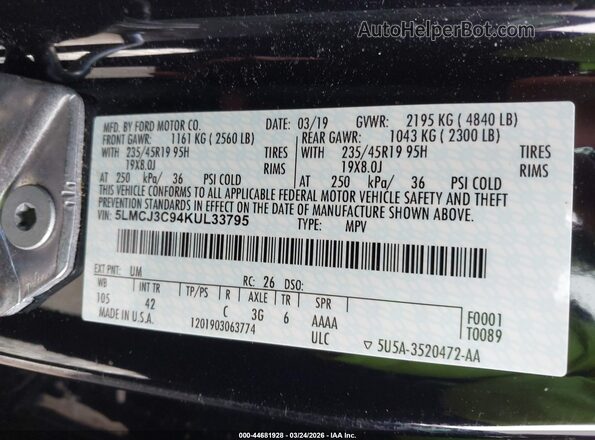 5LMCJ3C94KUL33795 2019 LINCOLN MKC Черный Вид подкапотного пространства