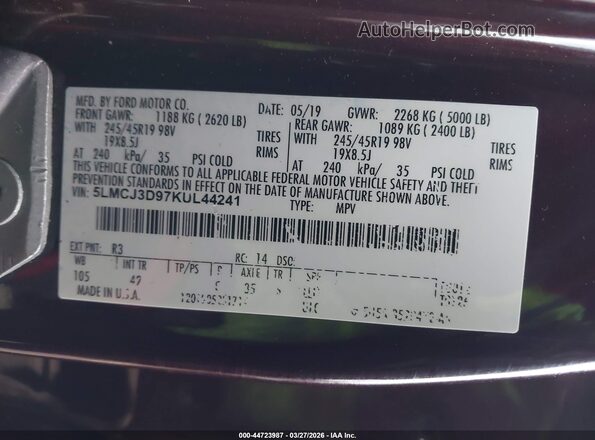 5LMCJ3D97KUL44241 2019 LINCOLN MKC Burgundy Вид підкапотного простору