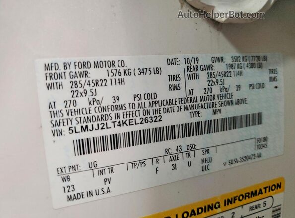 5LMJJ2LT4KEL26322 2019 LINCOLN NAVIGATOR White VIN sticker view