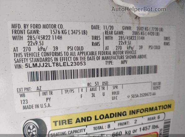 5LMJJ2LT8LEL23053 2020 LINCOLN NAVIGATOR White ძრავის განყოფილების ხედი