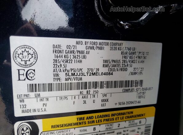 5LMJJ3LT2MEL04084 2021 LINCOLN NAVIGATOR Black VIN კოდის სტიკერის ხედი