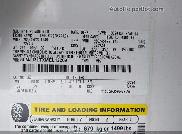 5LMJJ3LTXMEL12269 2021 LINCOLN NAVIGATOR Белый Вид подкапотного пространства