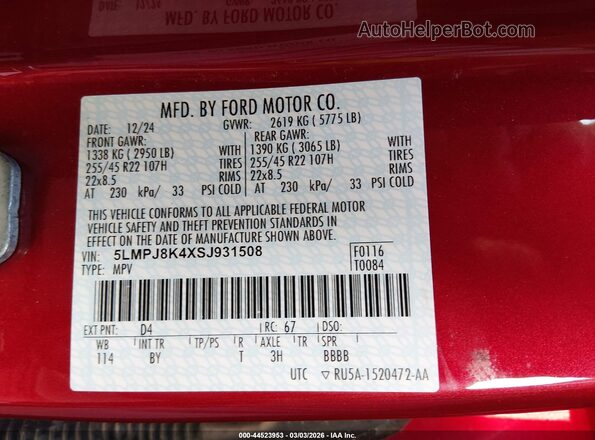 5LMPJ8K4XSJ931508 2025 LINCOLN NAUTILUS Red Вид підкапотного простору