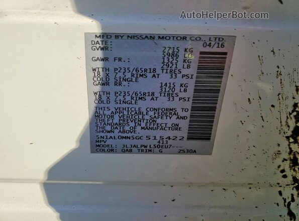 5N1AL0MN5GC515422 2016 INFINITI QX60 White Widok naklejki z numerem VIN