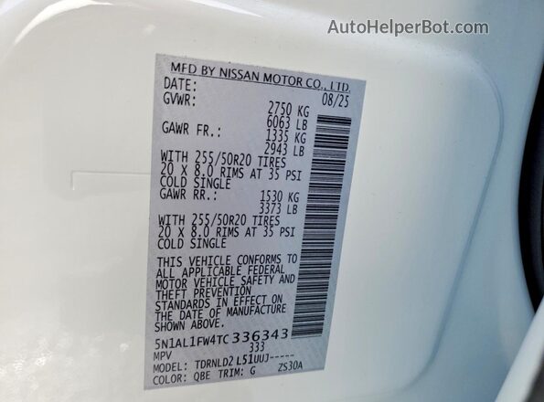 5N1AL1FW4TC336343 2026 INFINITI QX60 White Widok naklejki z numerem VIN
