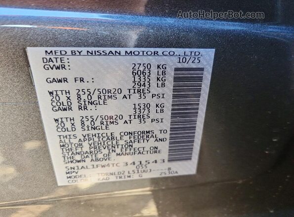 5N1AL1FW4TC341543 2026 INFINITI QX60 Gray Widok naklejki z numerem VIN