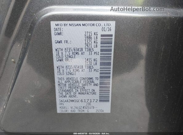 5N1AR2MM1GC617172 2016 NISSAN PATHFINDER Серый Вид подкапотного пространства