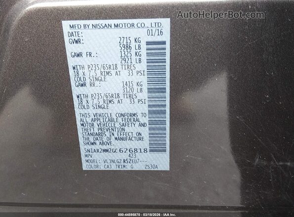 5N1AR2MM2GC626818 2016 NISSAN PATHFINDER Коричневый Вид подкапотного пространства