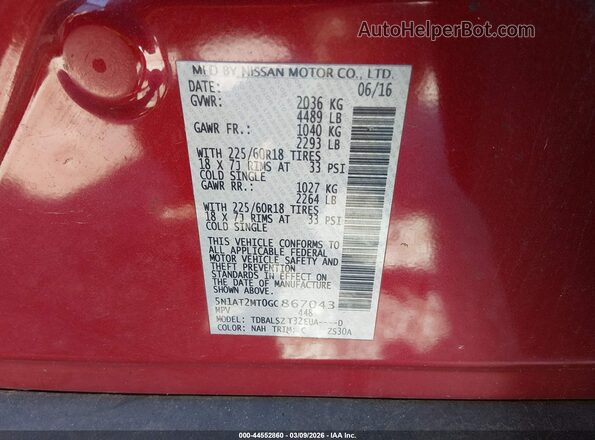 5N1AT2MT0GC867043 2016 NISSAN ROGUE Красный Вид подкапотного пространства