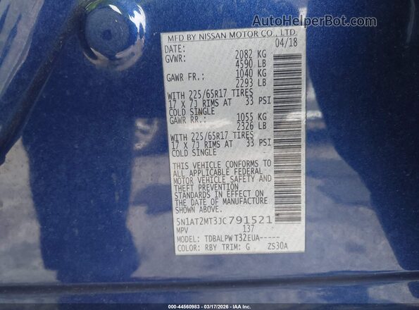 5N1AT2MT3JC791521 2018 NISSAN ROGUE Blue Widok komory silnika