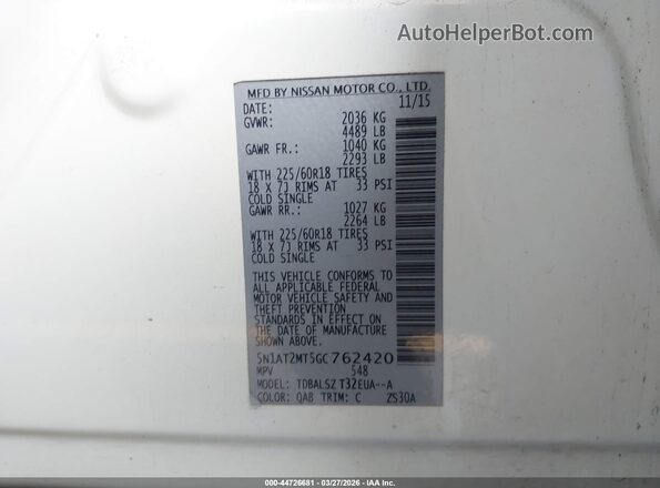 5N1AT2MT5GC762420 2016 NISSAN ROGUE White Widok komory silnika