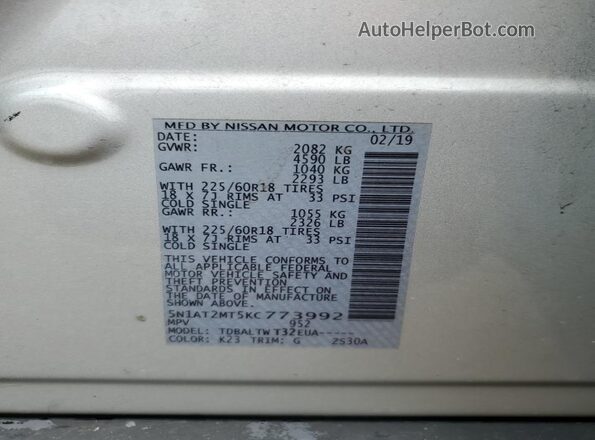 5N1AT2MT5KC773992 2019 NISSAN ROGUE Silver 