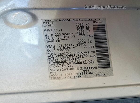 5N1AT2MT8KC828886 2019 NISSAN ROGUE Silver 