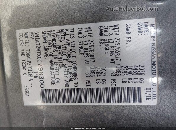 5N1AT2MTXGC798300 2016 NISSAN ROGUE Gray 