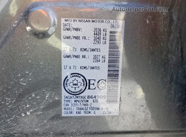 5N1AT2MTXGC864909 2016 NISSAN ROGUE Gray Widok naklejki z numerem VIN