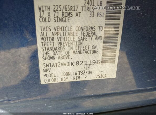 5N1AT2MV0HC821196 2017 NISSAN ROGUE Blue 
