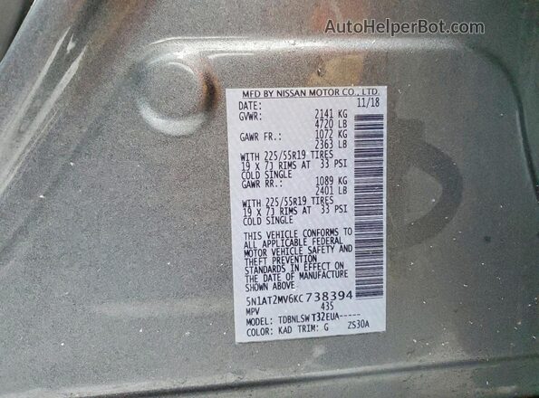 5N1AT2MV6KC738394 2019 NISSAN ROGUE Gray 
